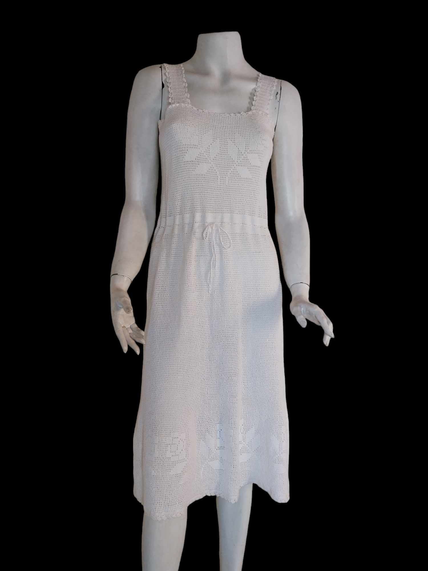 Vintage Hand-Crocheted Dress & Cardigan Set – Cream White Open Weave