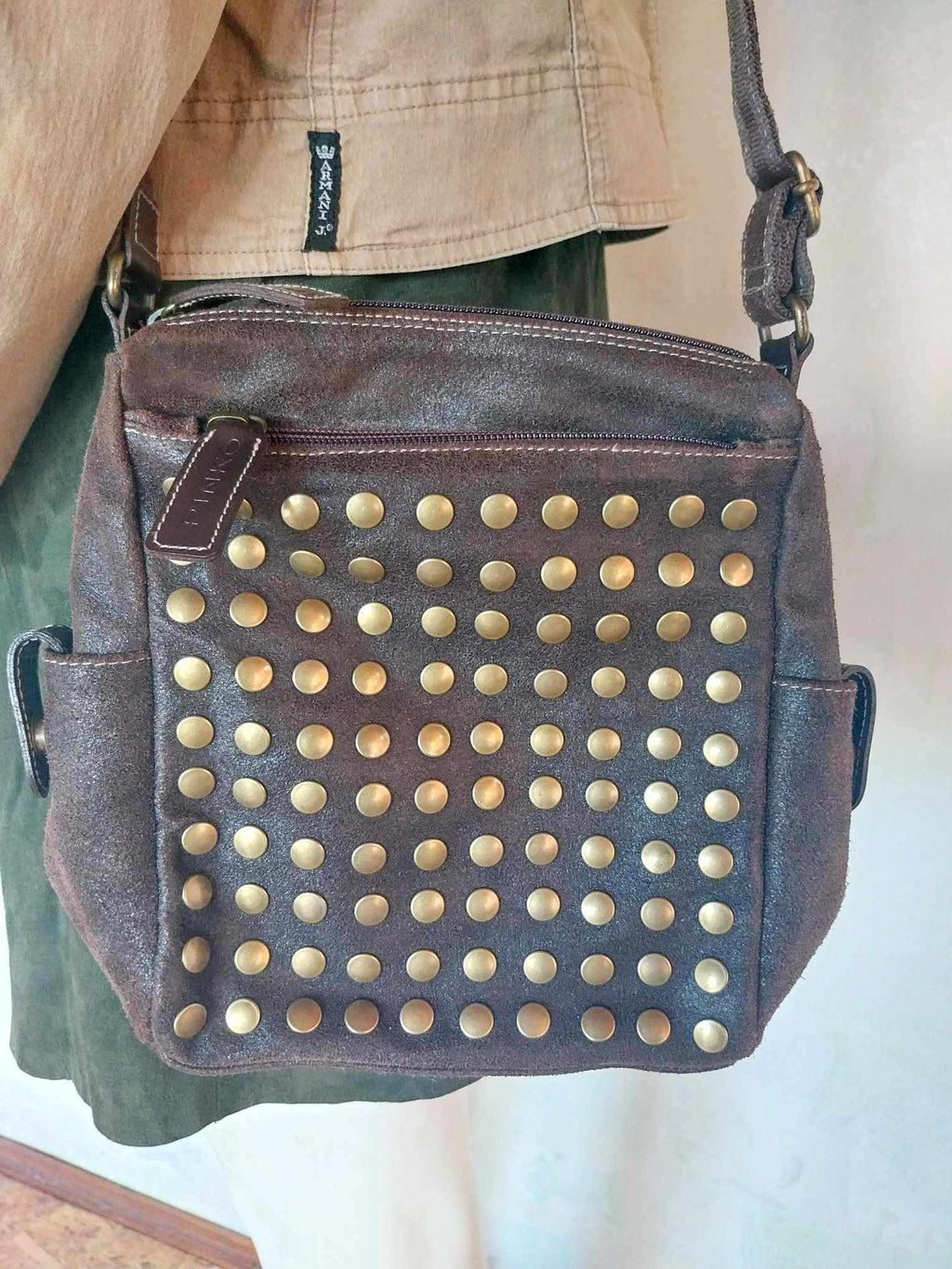 PINKO Studded Suede Crossbody Bag — Dark Brown with Bronze Studs & Red Interior