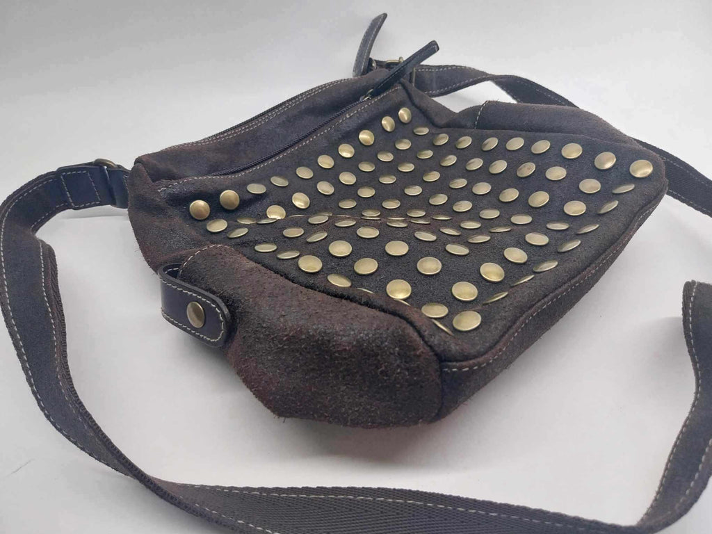 PINKO Studded Suede Crossbody Bag — Dark Brown with Bronze Studs & Red Interior