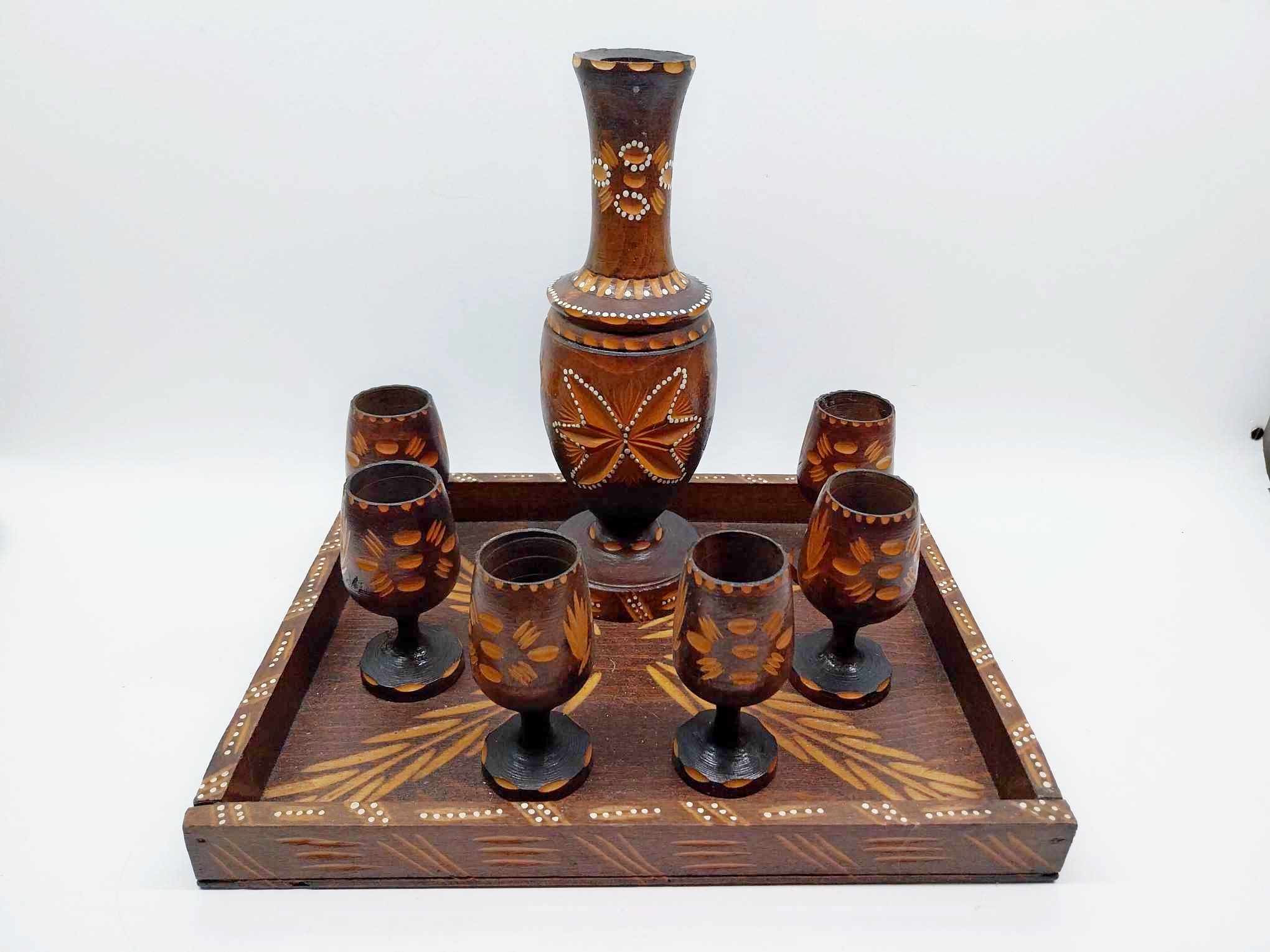 Vintage Hand-Carved Wooden Decorative Set — Tray, Decanter & 6 Goblets with Folk Motifs