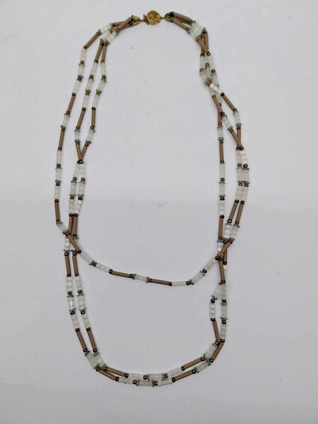 Vintage Multi-Strand Beaded Necklace — White & Beige Tubes with Gold Clasp