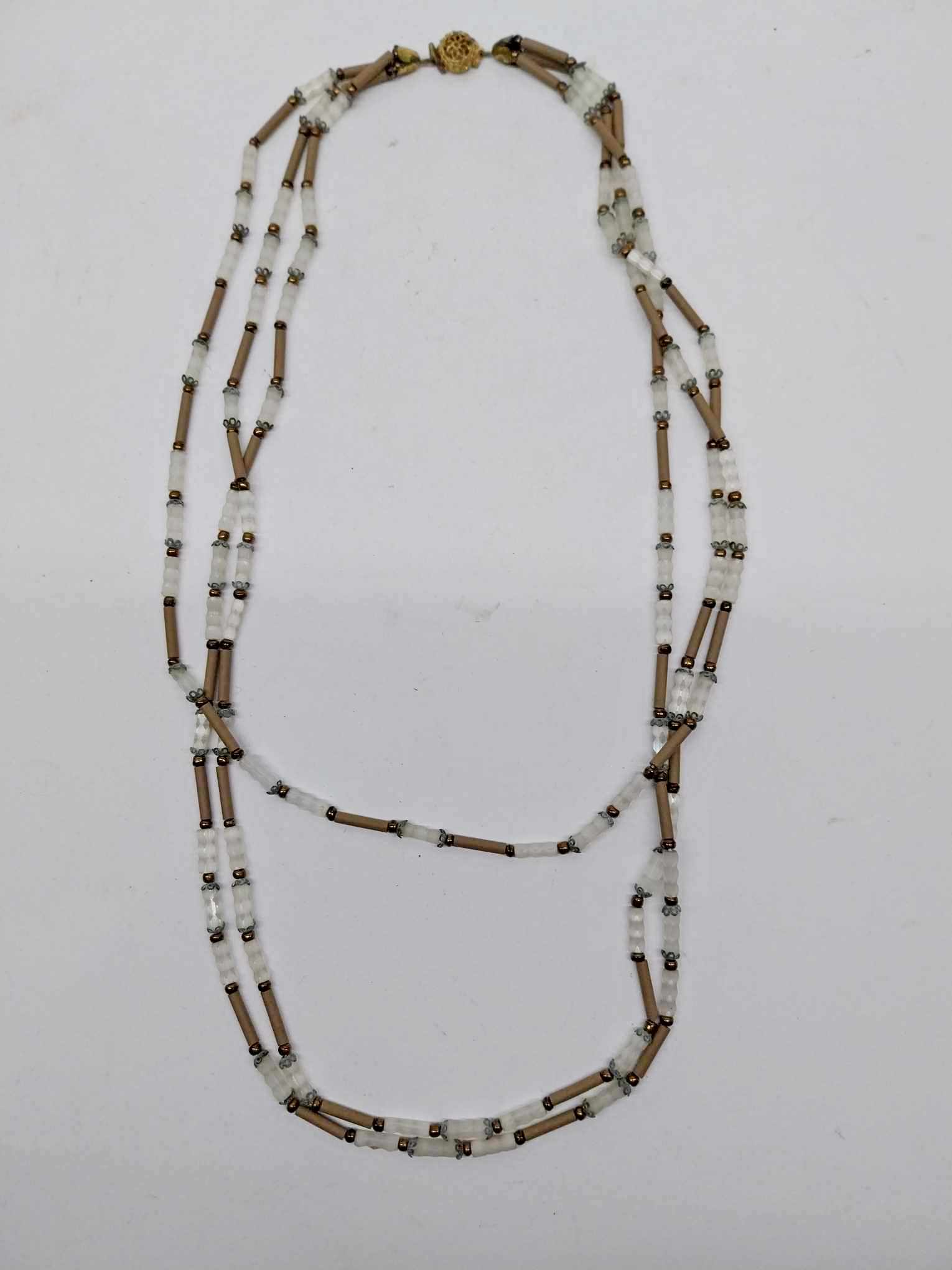 Vintage Multi-Strand Beaded Necklace — White & Beige Tubes with Gold Clasp