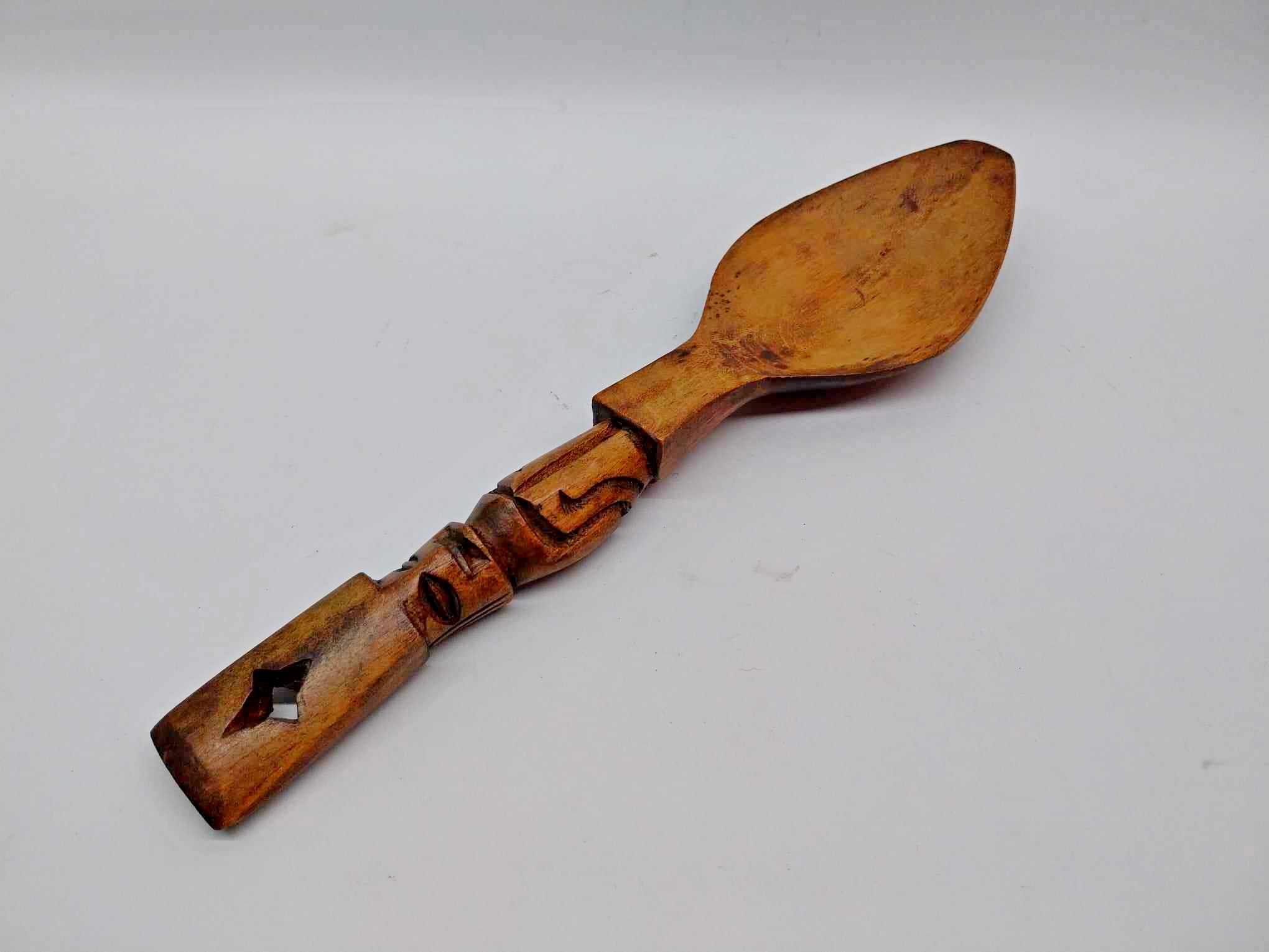 Vintage African wooden spoon, Spoon with hand-carved handle