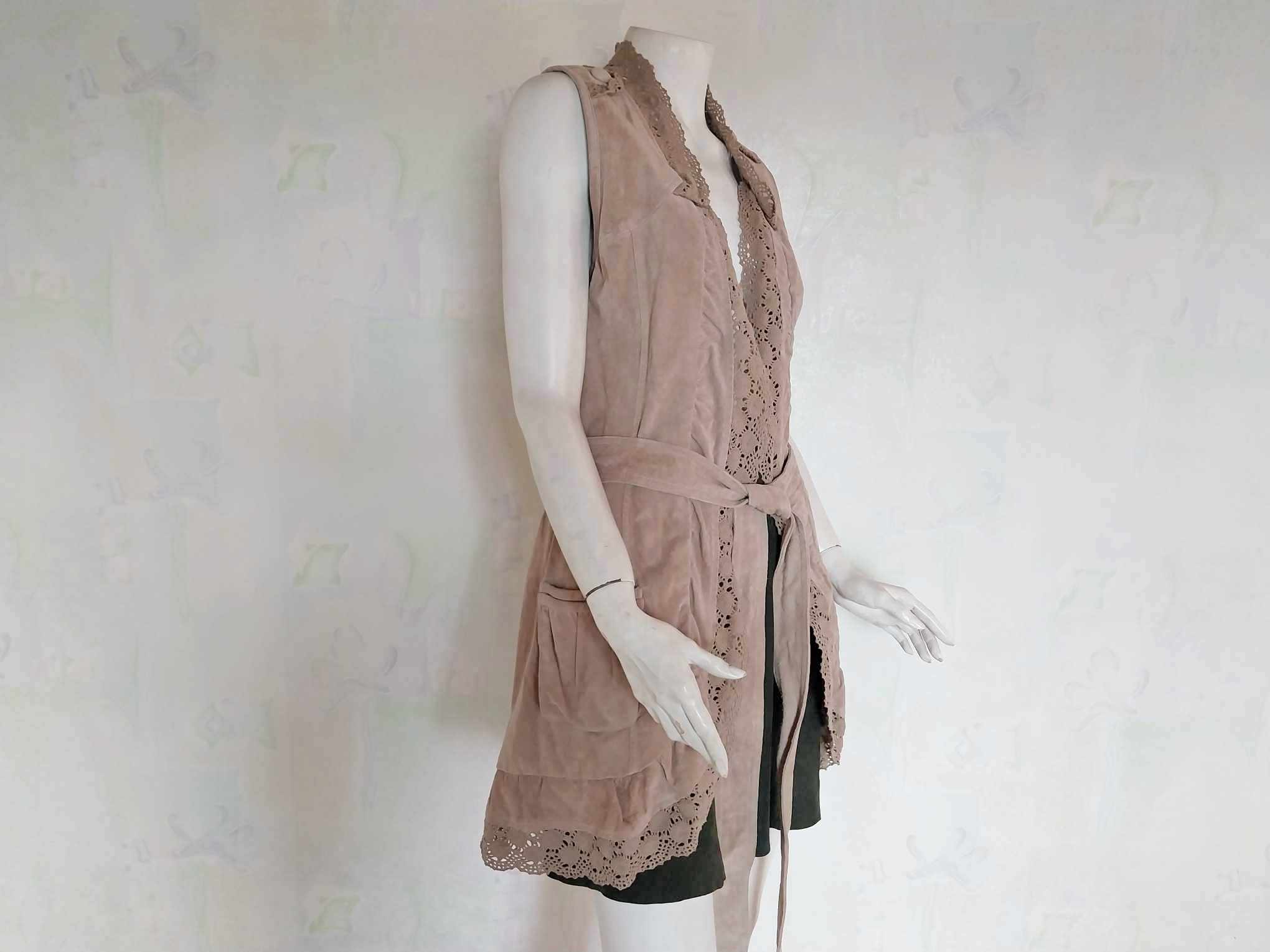 Vintage suede vest from France, from the 80s, decorated with crocheted lace