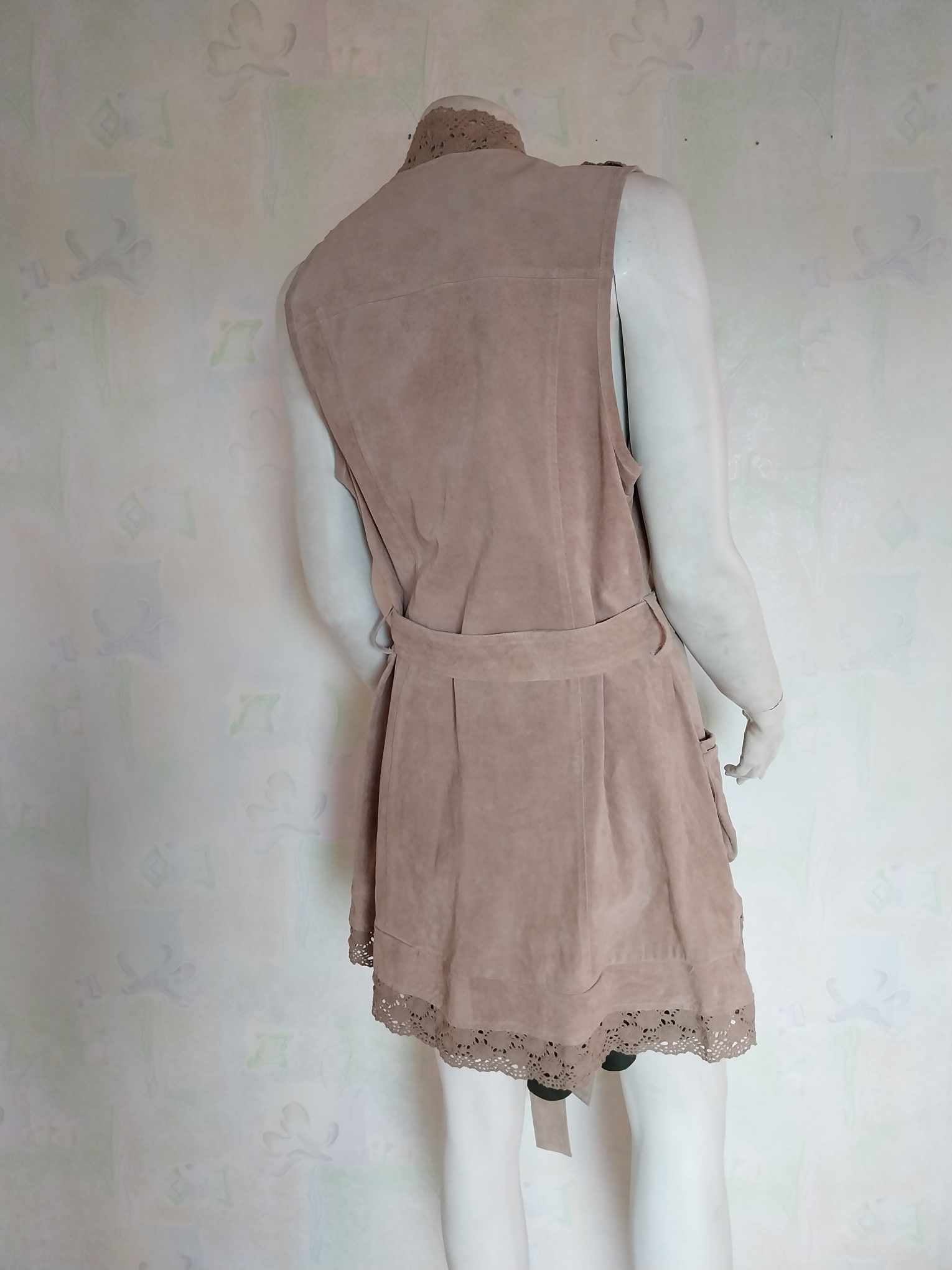 Vintage suede vest from France, from the 80s, decorated with crocheted lace
