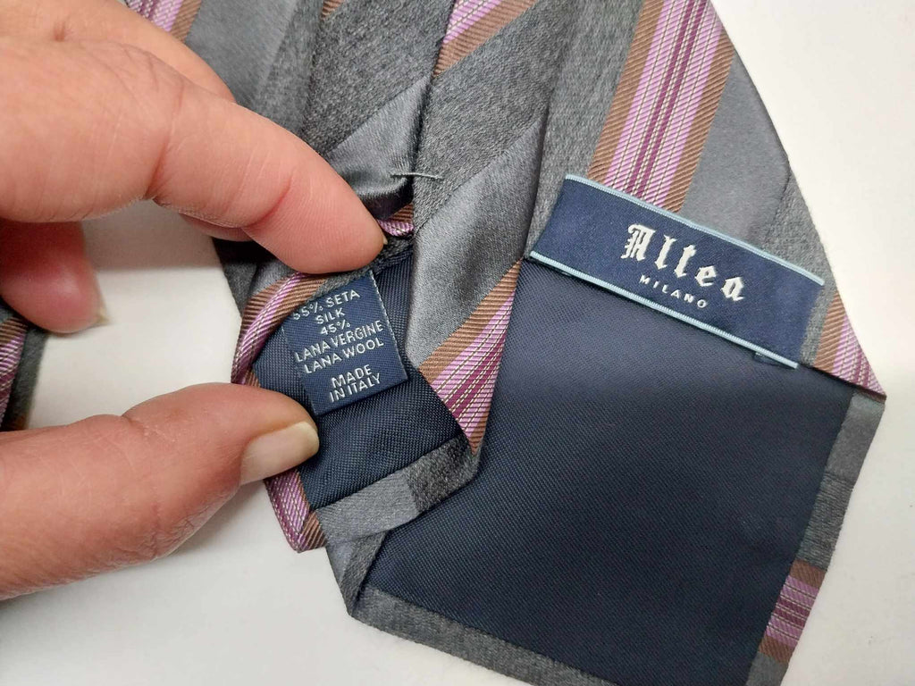 Altea Milano tie label showing 55% silk 45% virgin wool Made in Italy
