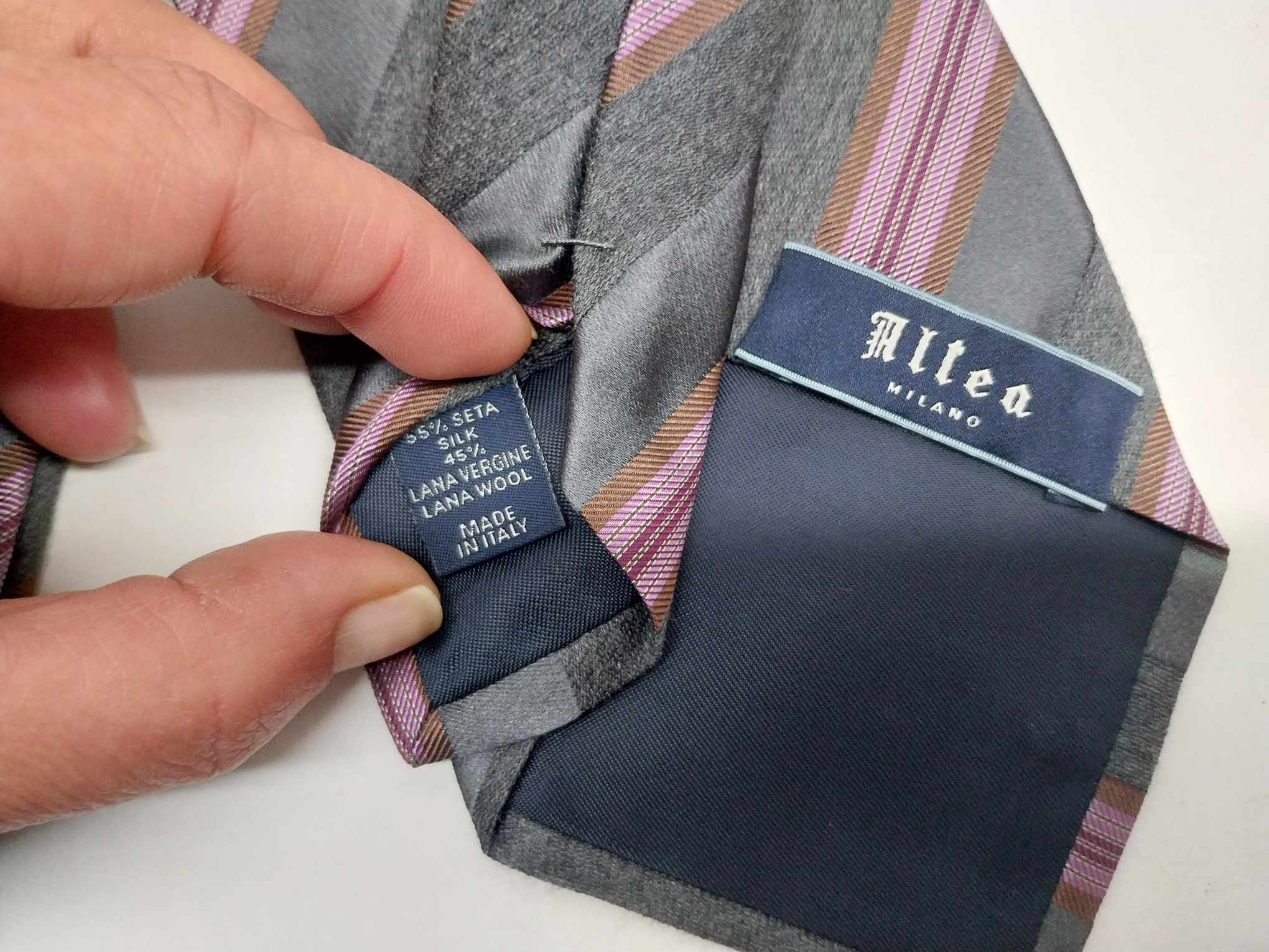 Altea Milano tie label showing 55% silk 45% virgin wool Made in Italy