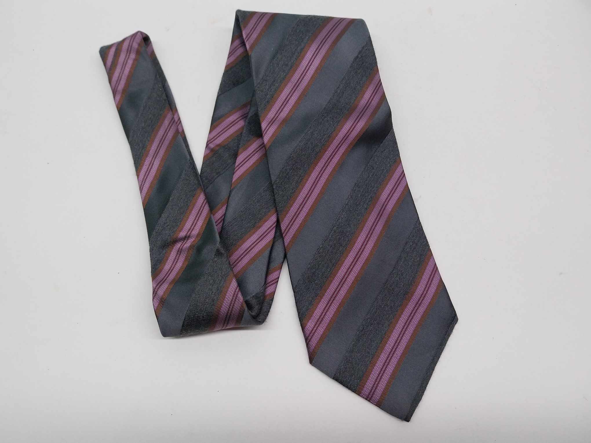 Altea Milano grey striped silk wool tie laid flat