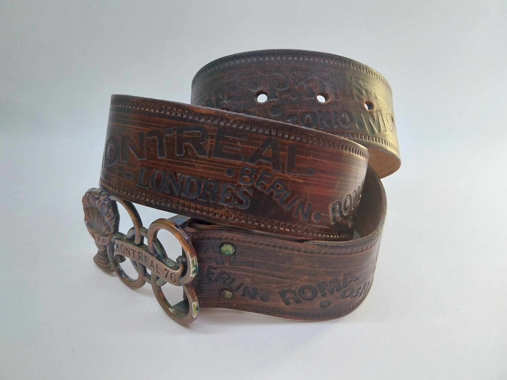 Vintage belt MONTREAL 76, Genuine leather belt with brass buckle
