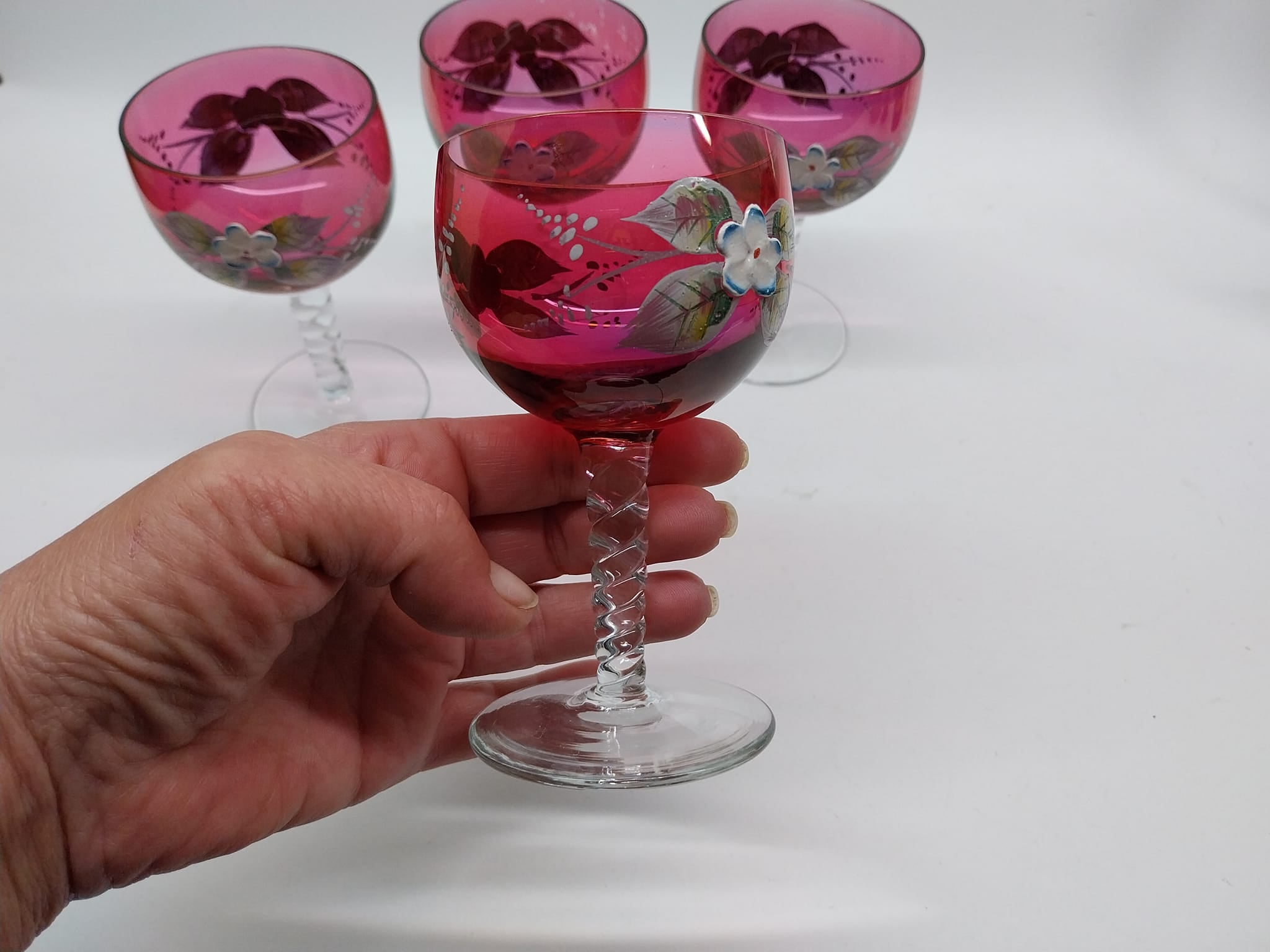 Vintage set of 4 Wine glasses with hand painted flowers