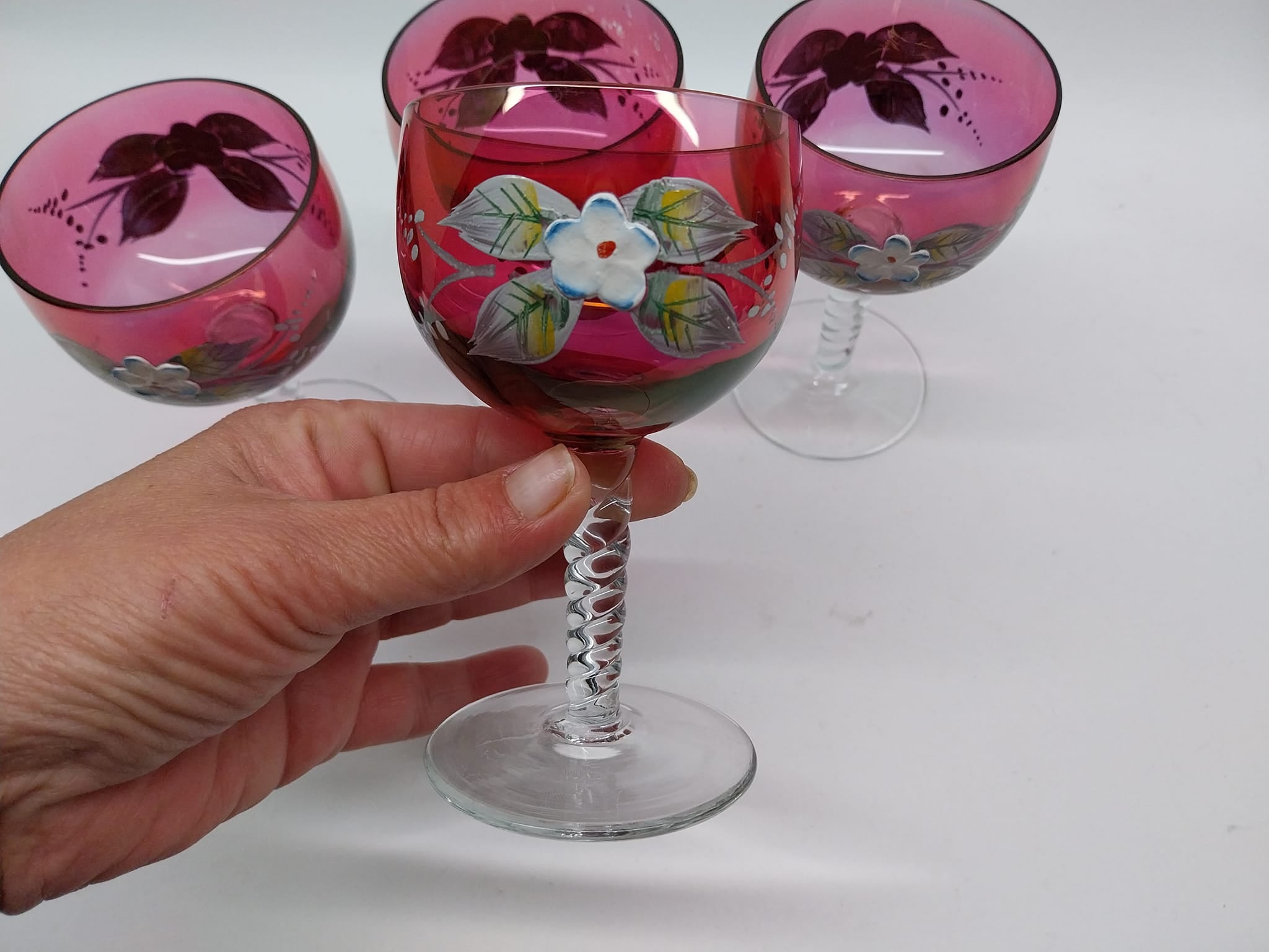 Vintage set of 4 Wine glasses with hand painted flowers