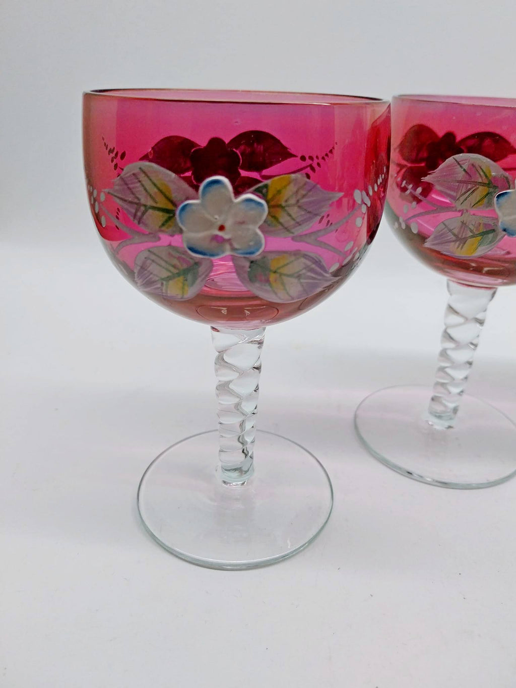 Vintage set of 4 Wine glasses with hand painted flowers