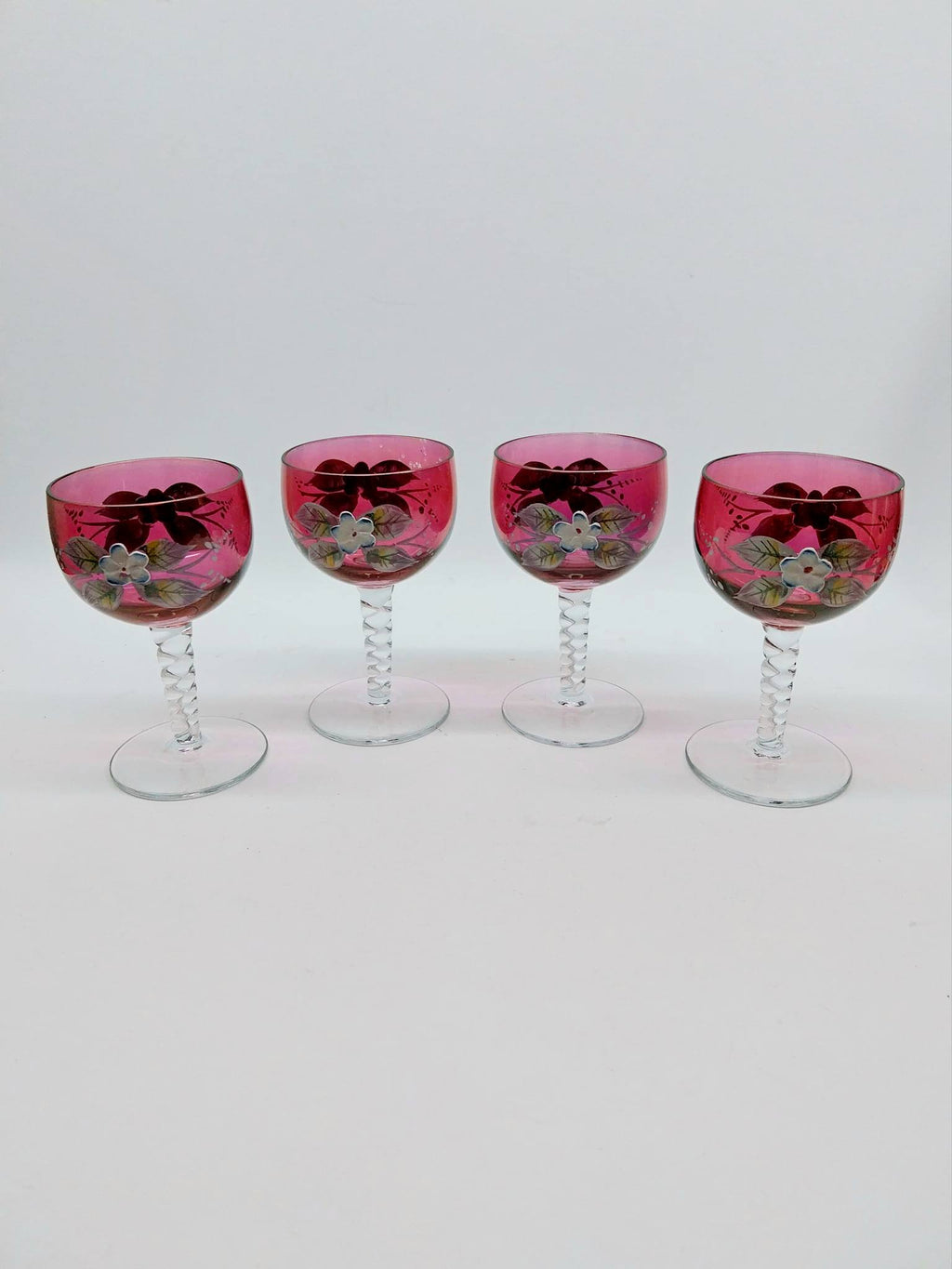 Vintage set of 4 Wine glasses with hand painted flowers