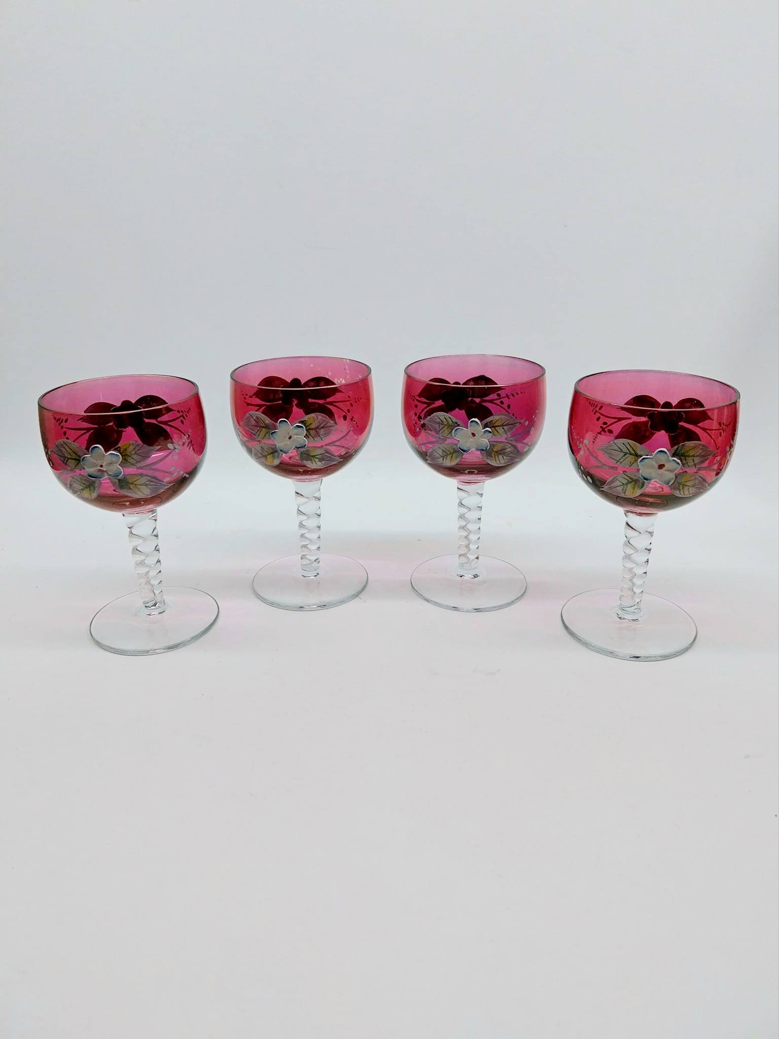 Vintage set of 4 Wine glasses with hand painted flowers