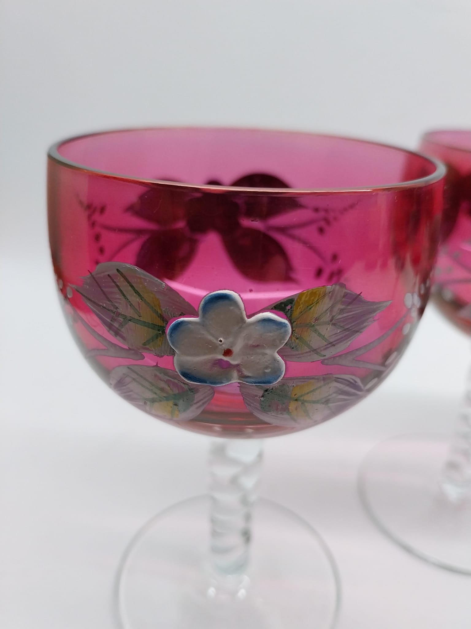 Vintage set of 4 Wine glasses with hand painted flowers