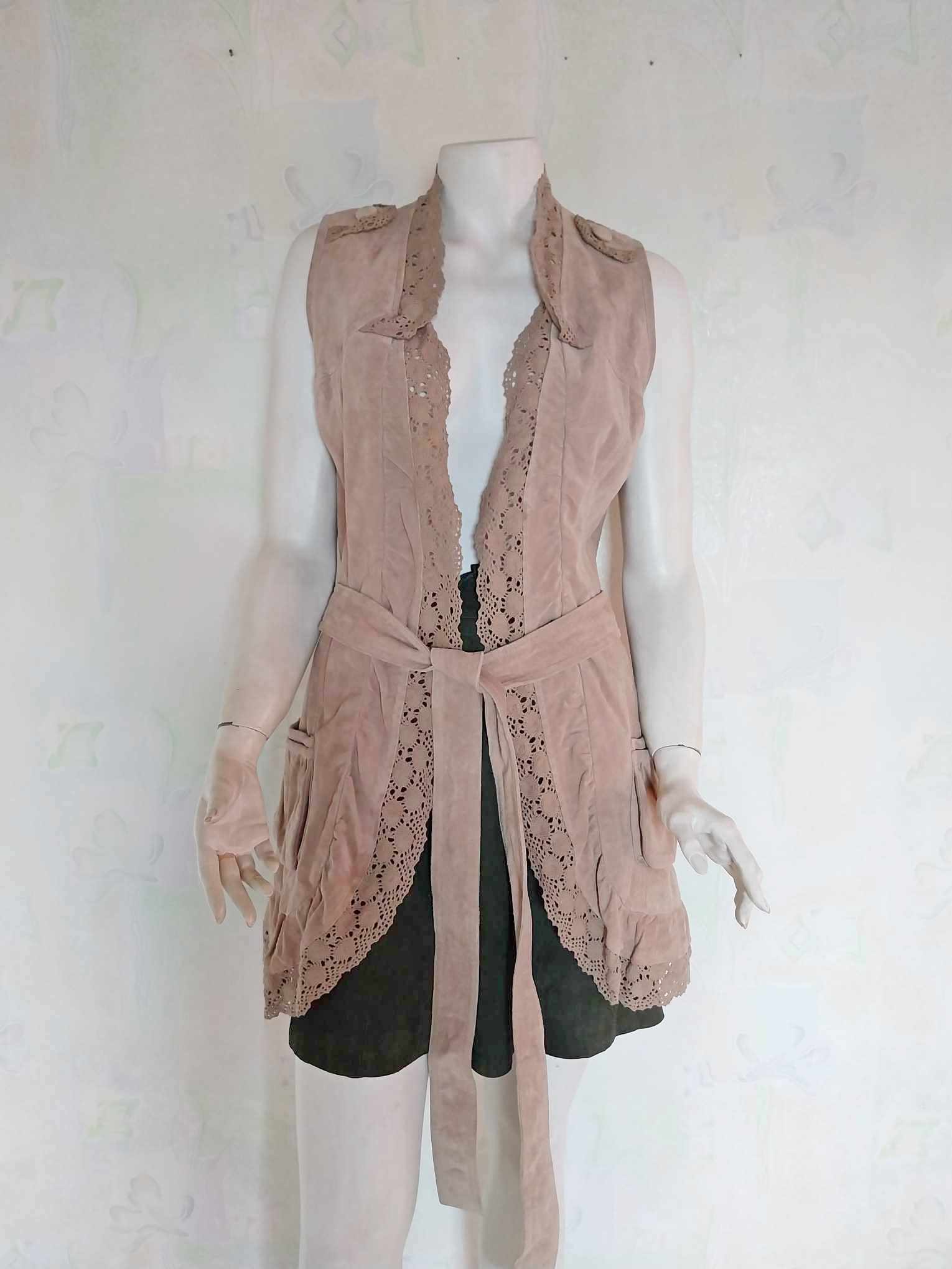 Vintage suede vest from France, from the 80s, decorated with crocheted lace