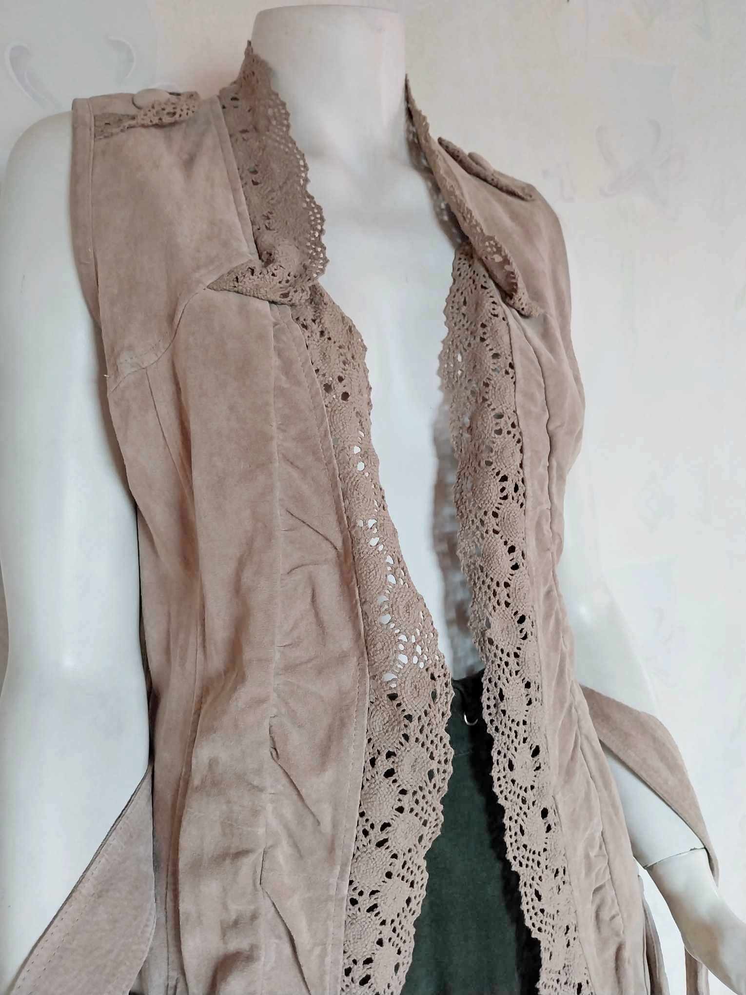 Vintage suede vest from France, from the 80s, decorated with crocheted lace