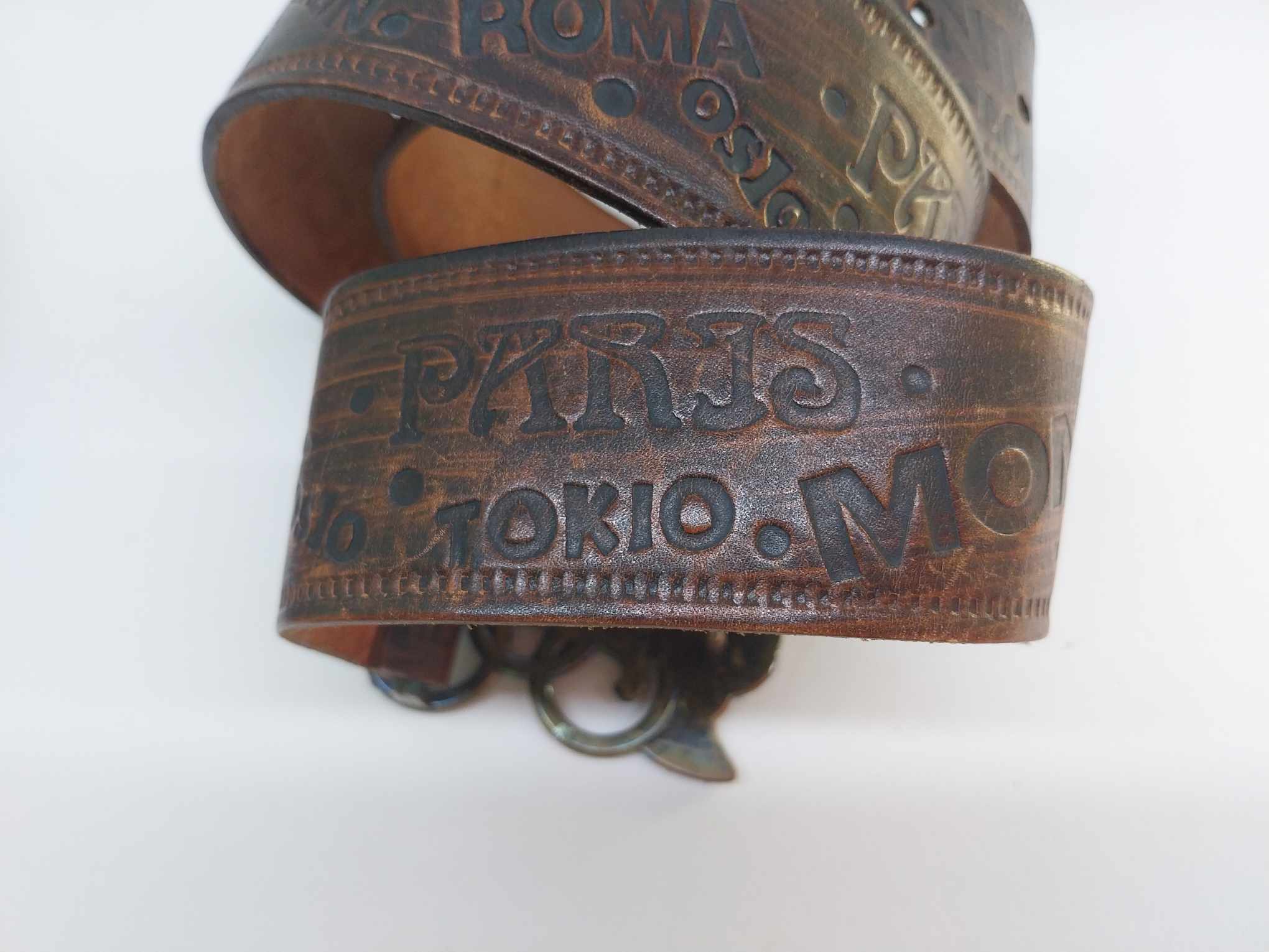 Vintage belt MONTREAL 76, Genuine leather belt with brass buckle