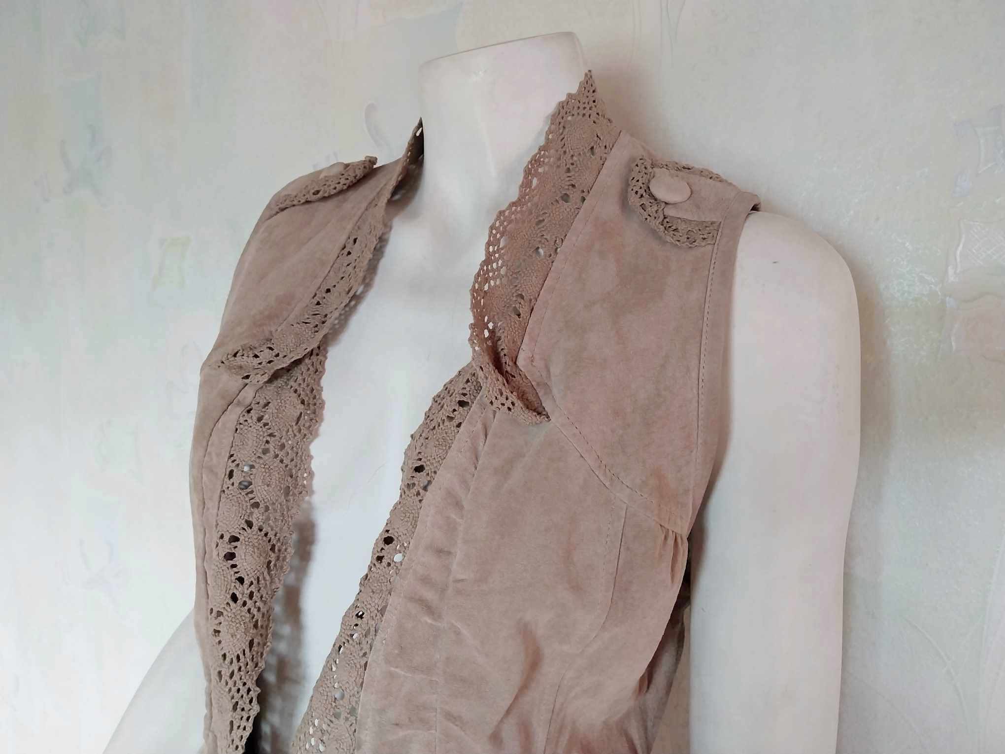 Vintage suede vest from France, from the 80s, decorated with crocheted lace