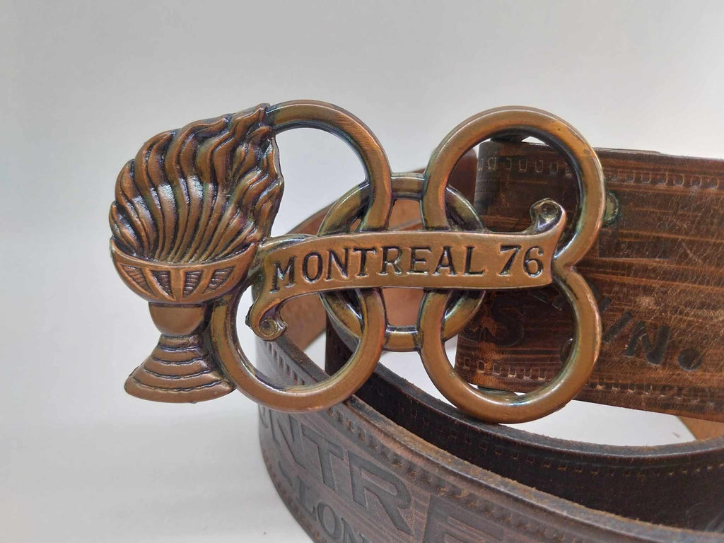 Vintage belt MONTREAL 76, Genuine leather belt with brass buckle