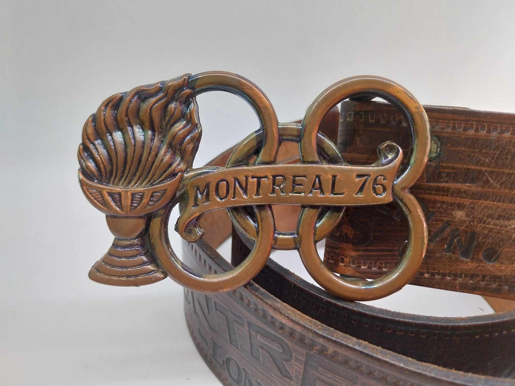 Vintage belt MONTREAL 76, Genuine leather belt with brass buckle