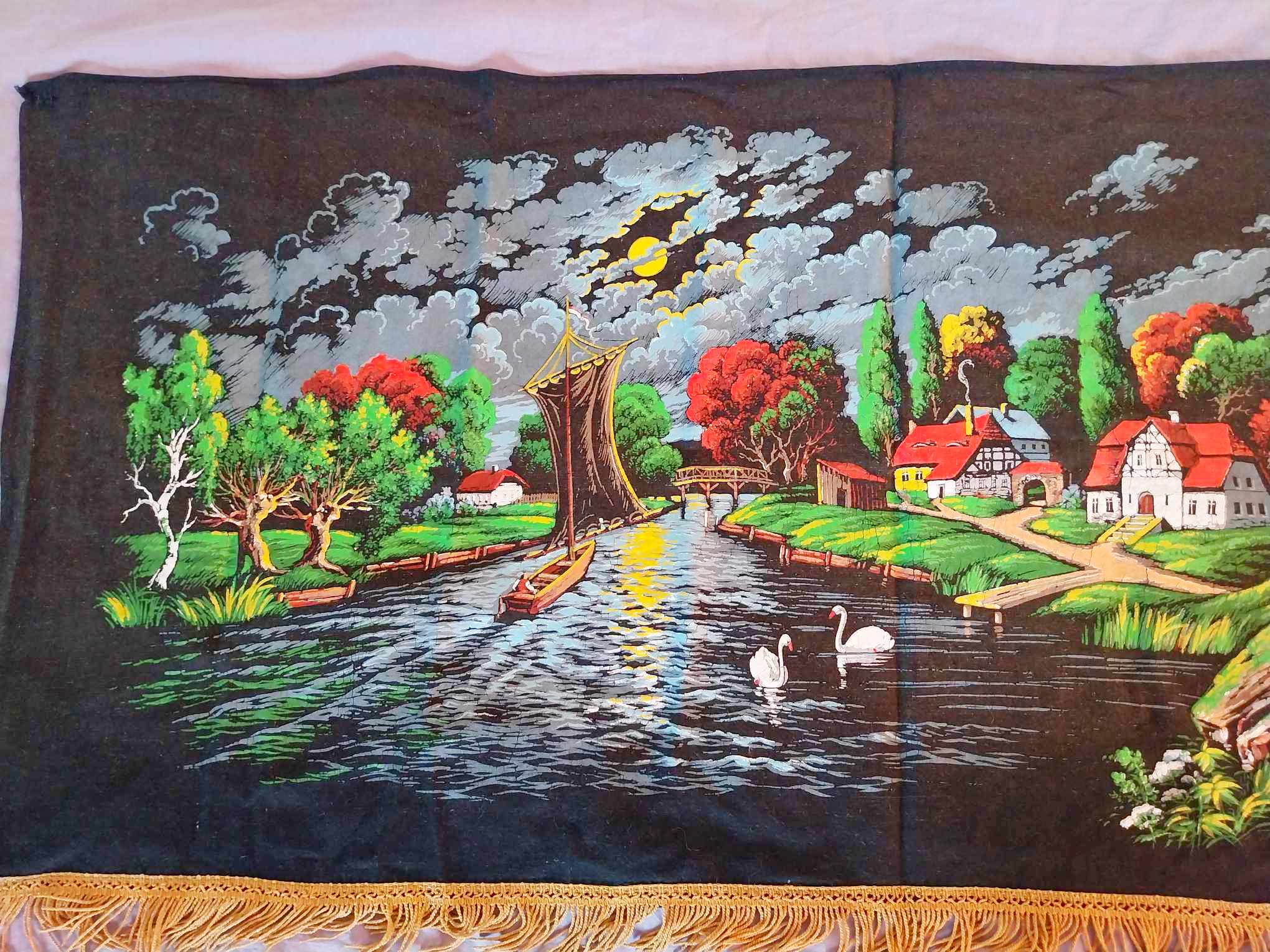 Vintage Textile Wall Painting — Dutch Landscape with Windmill & Swans, 1970s