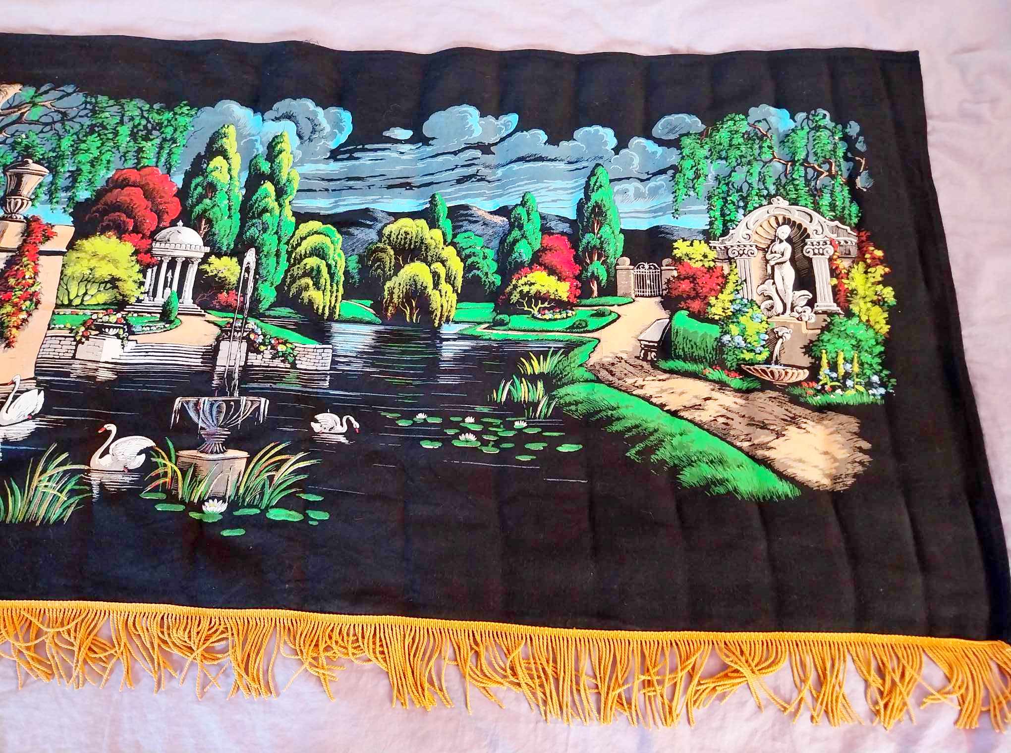 Vintage Textile Wall Painting — Classical Garden with Fountain & Swans, 1970s