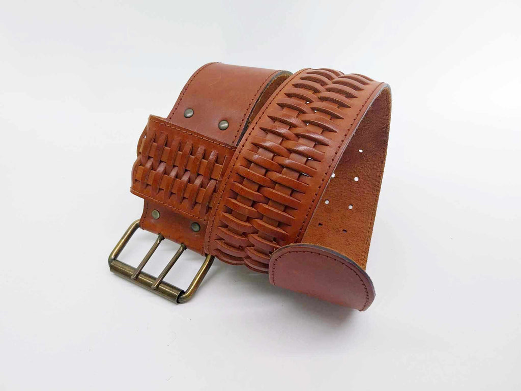 Vintage Wide Leather Belt – Roccobarocco Italy, Woven Detail & Double Prong Buckle