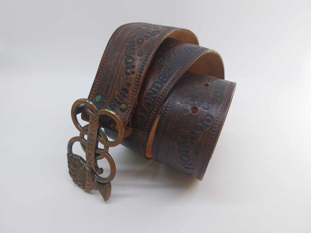 Vintage belt MONTREAL 76, Genuine leather belt with brass buckle