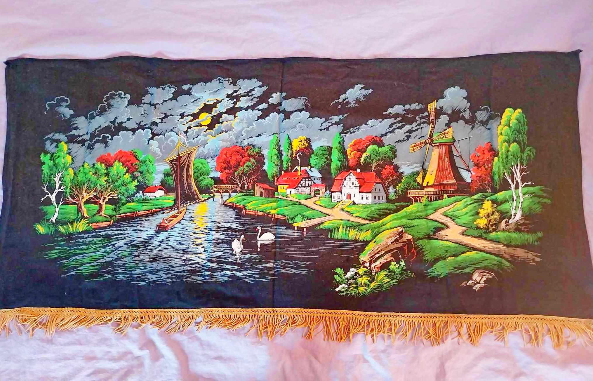 Vintage Textile Wall Painting — Dutch Landscape with Windmill & Swans, 1970s