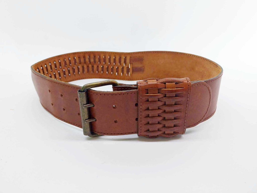 Vintage Wide Leather Belt – Roccobarocco Italy, Woven Detail & Double Prong Buckle