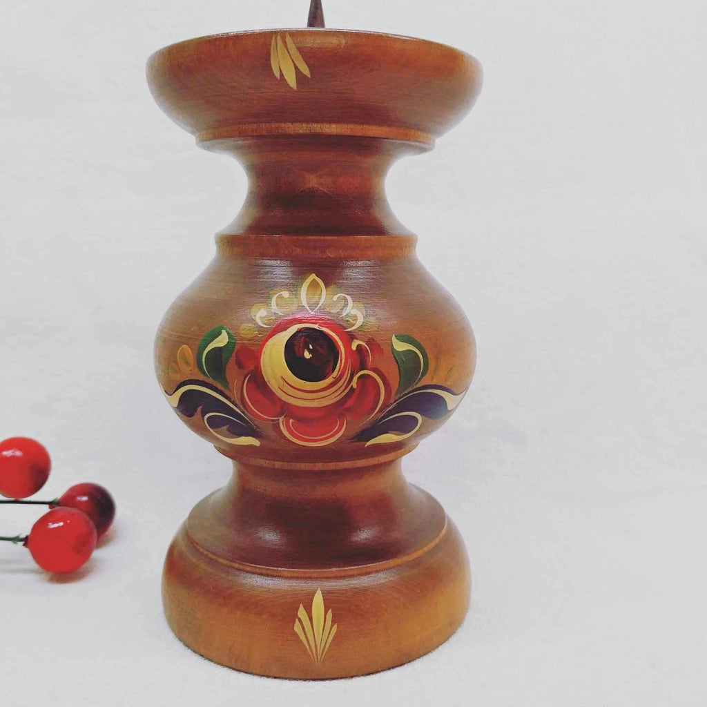 Vintage German Folk Art Candle Holder — Hand-Painted Turned Wood