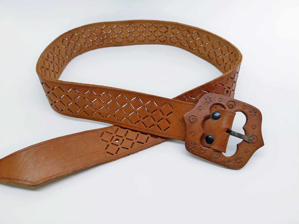 Vintage Tooled Leather Belt with Cutout Pattern and Leather Buckle
