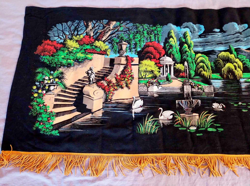 Vintage Textile Wall Painting — Classical Garden with Fountain & Swans, 1970s
