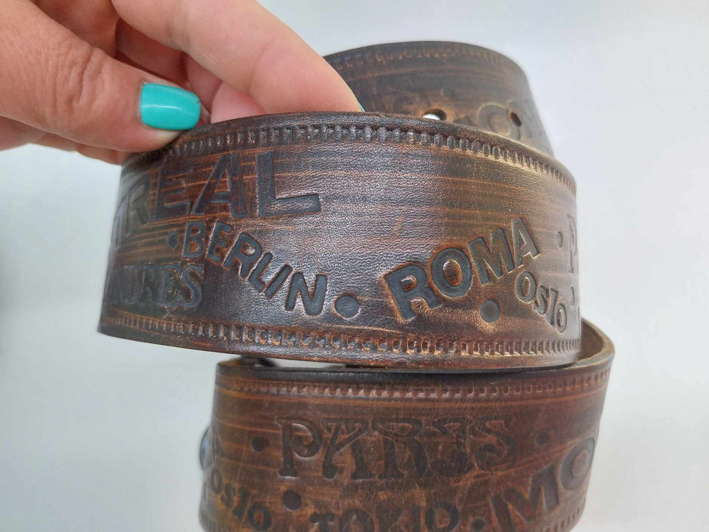Vintage belt MONTREAL 76, Genuine leather belt with brass buckle