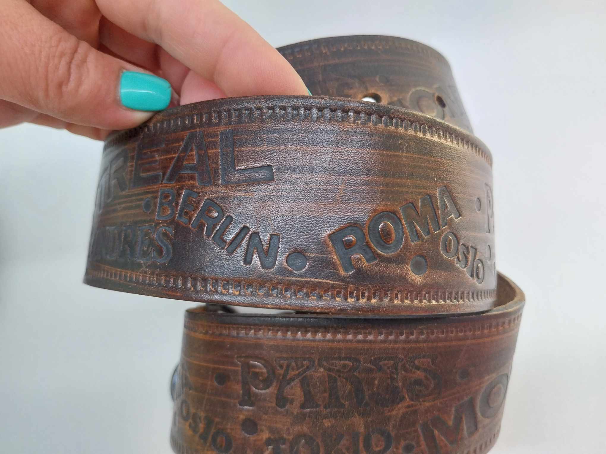 Vintage belt MONTREAL 76, Genuine leather belt with brass buckle