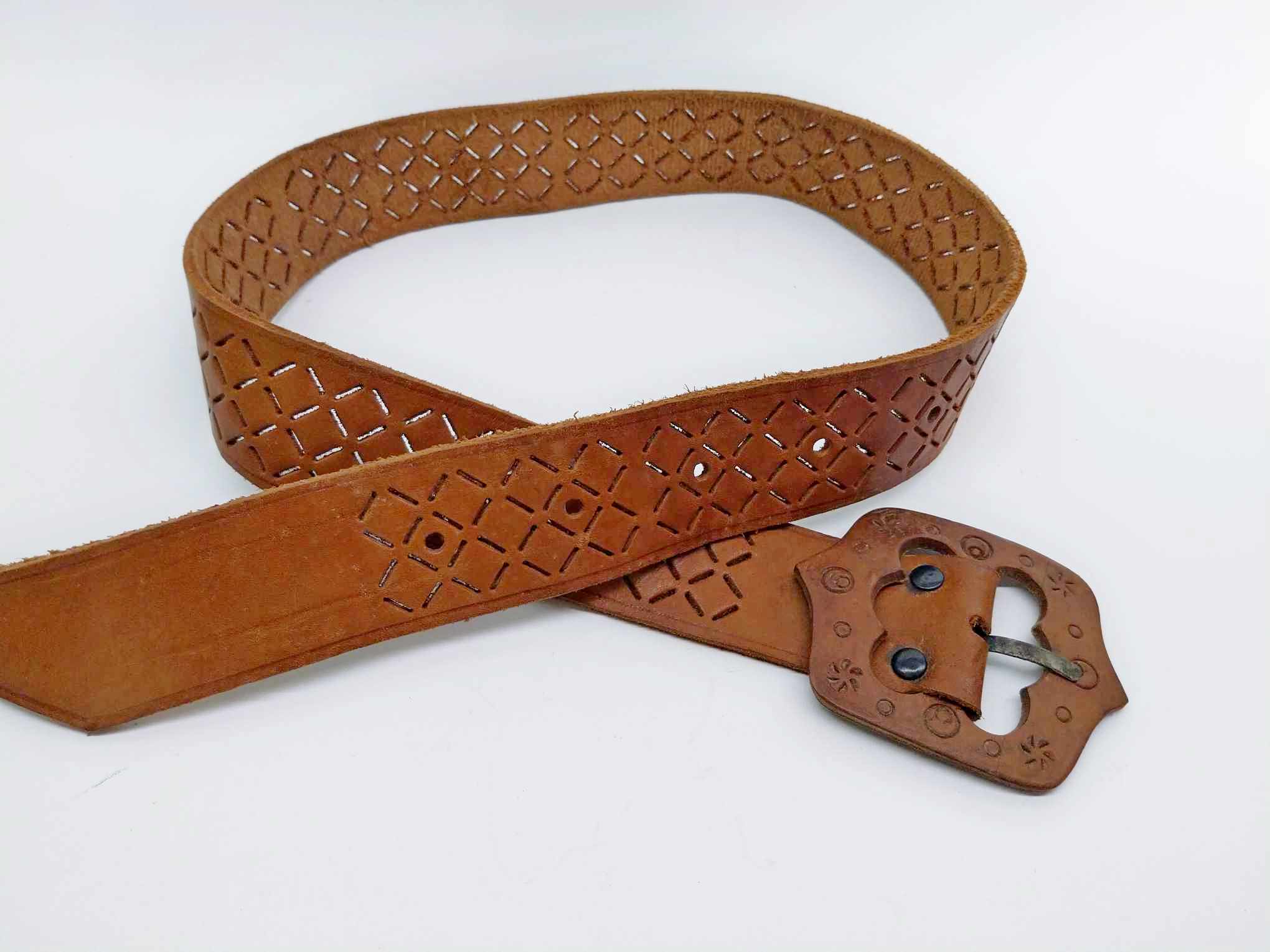 Vintage Tooled Leather Belt with Cutout Pattern and Leather Buckle