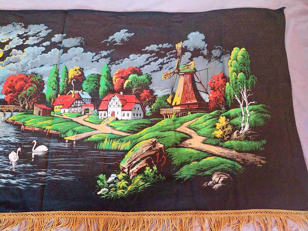 Vintage Textile Wall Painting — Dutch Landscape with Windmill & Swans, 1970s