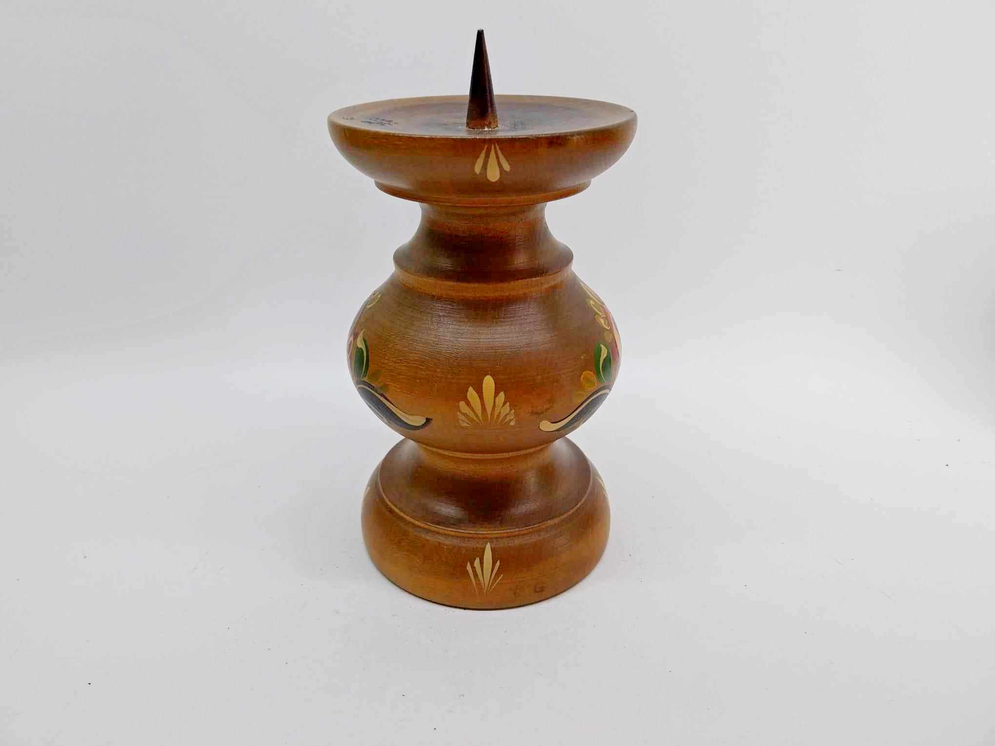 Vintage German Folk Art Candle Holder — Hand-Painted Turned Wood