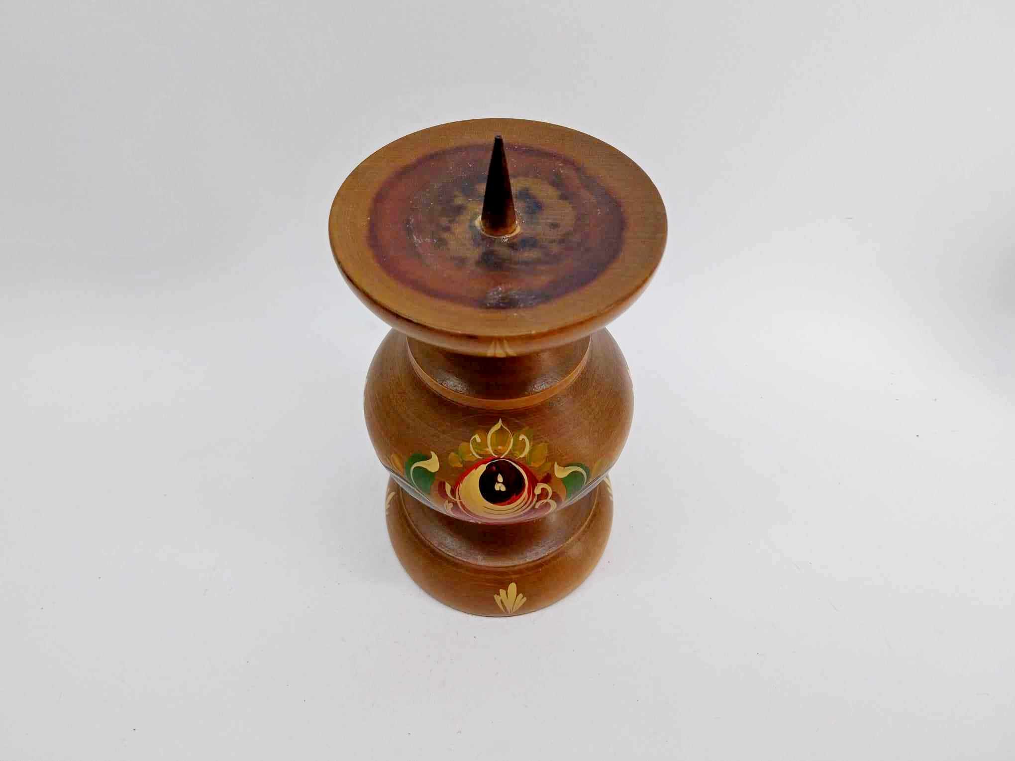 Vintage German Folk Art Candle Holder — Hand-Painted Turned Wood