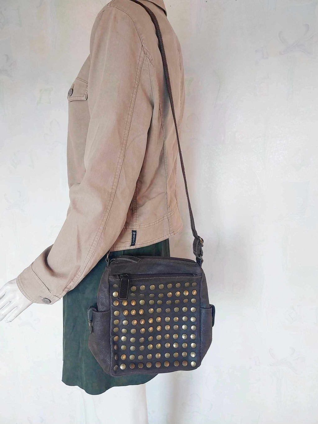 PINKO Studded Suede Crossbody Bag — Dark Brown with Bronze Studs & Red Interior
