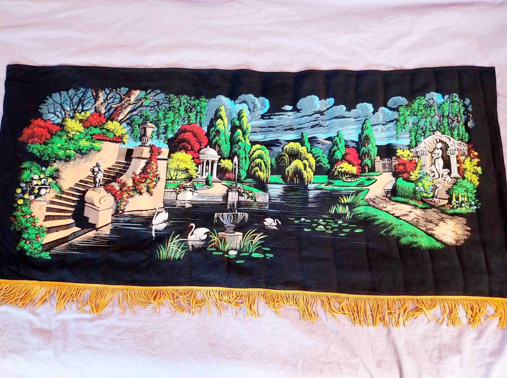 Vintage Textile Wall Painting — Classical Garden with Fountain & Swans, 1970s