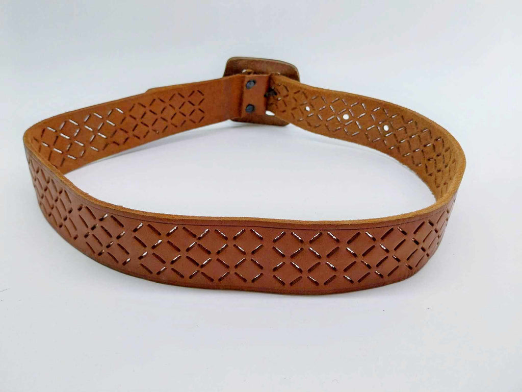 Vintage Tooled Leather Belt with Cutout Pattern and Leather Buckle