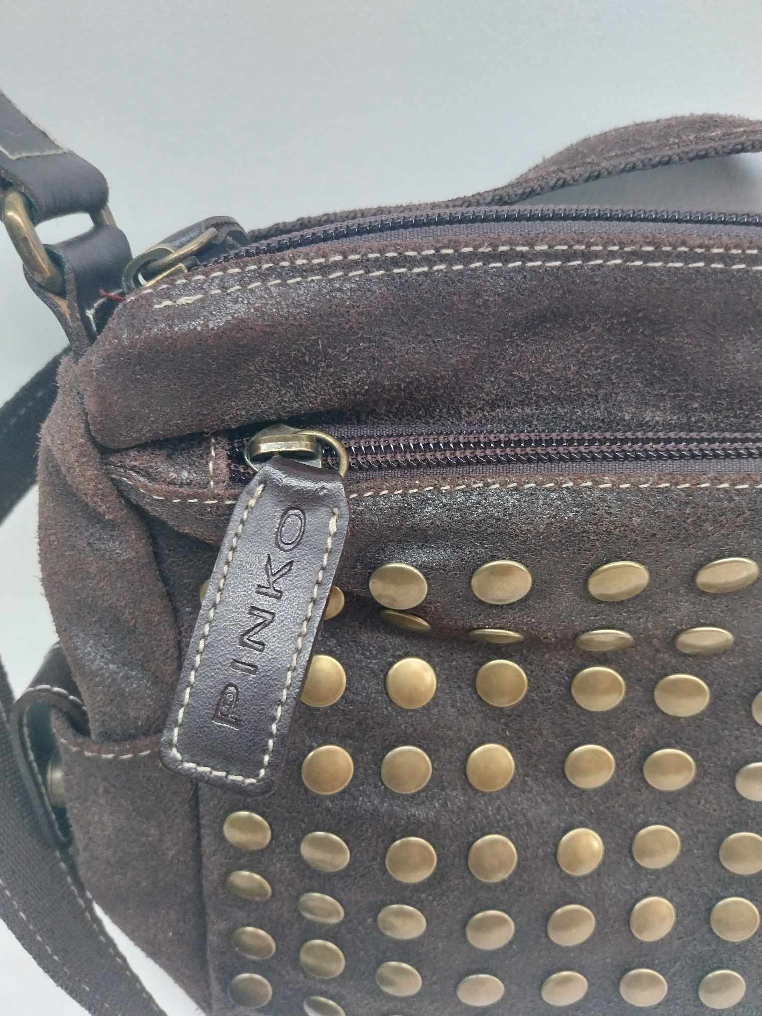 PINKO Studded Suede Crossbody Bag — Dark Brown with Bronze Studs & Red Interior