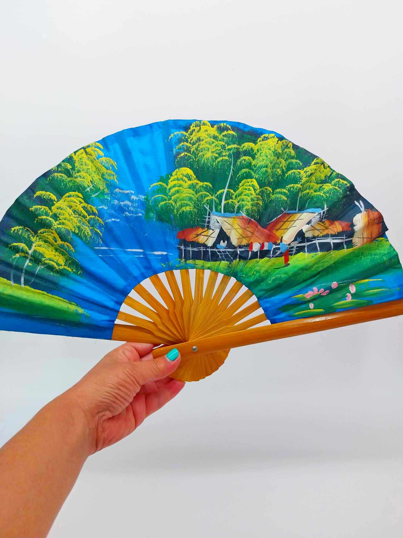 Vintage hand painted Asian fan, Bamboo hand fan