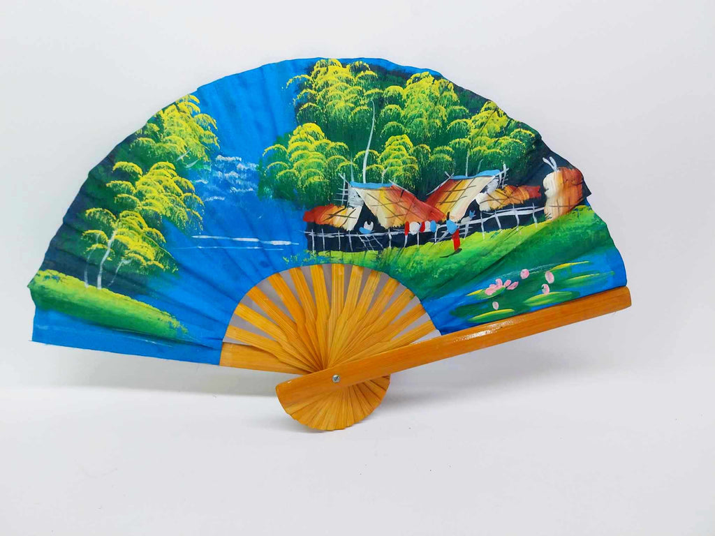 Vintage hand painted Asian fan, Bamboo hand fan
