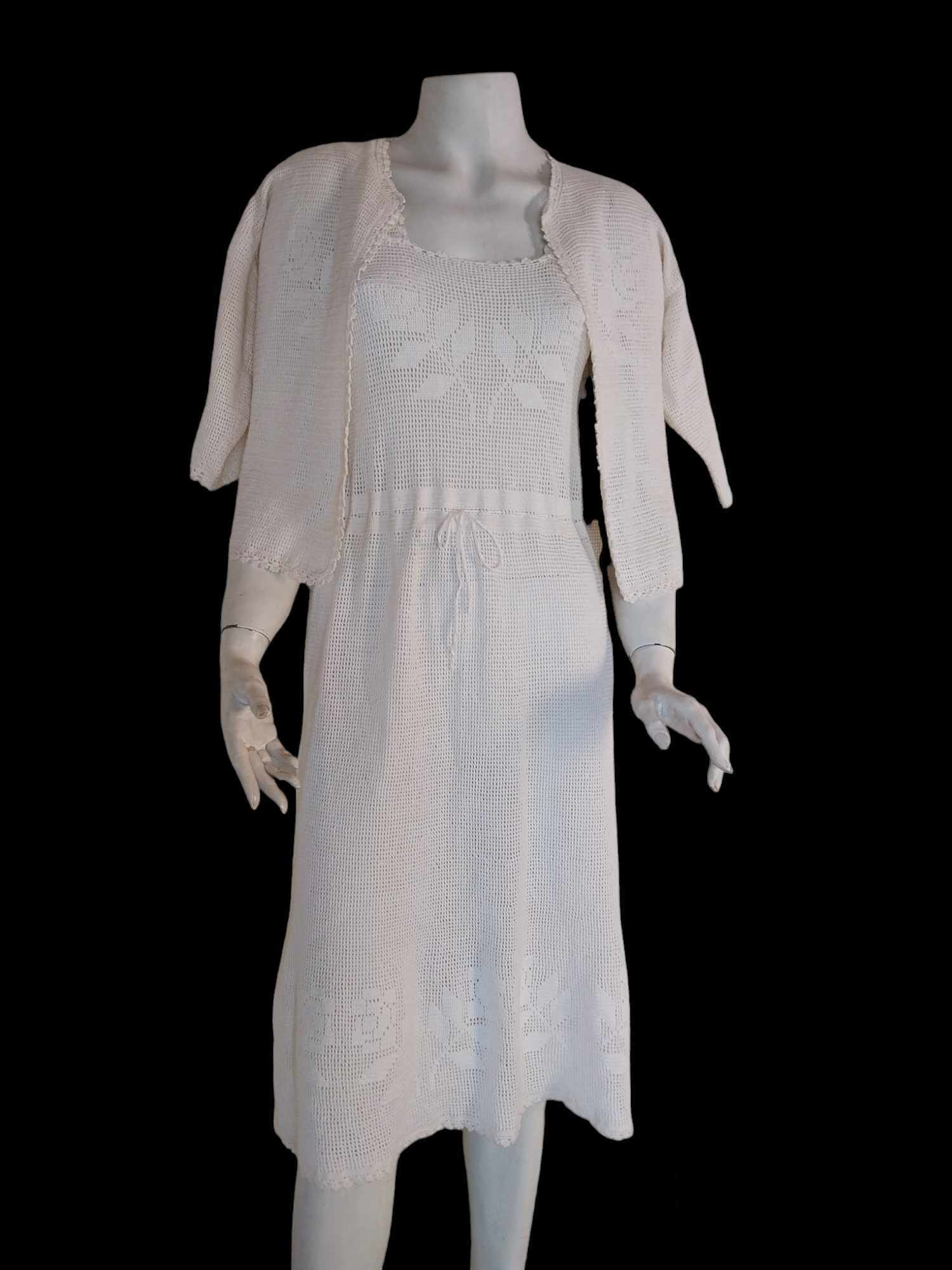 Vintage Hand-Crocheted Dress & Cardigan Set – Cream White Open Weave