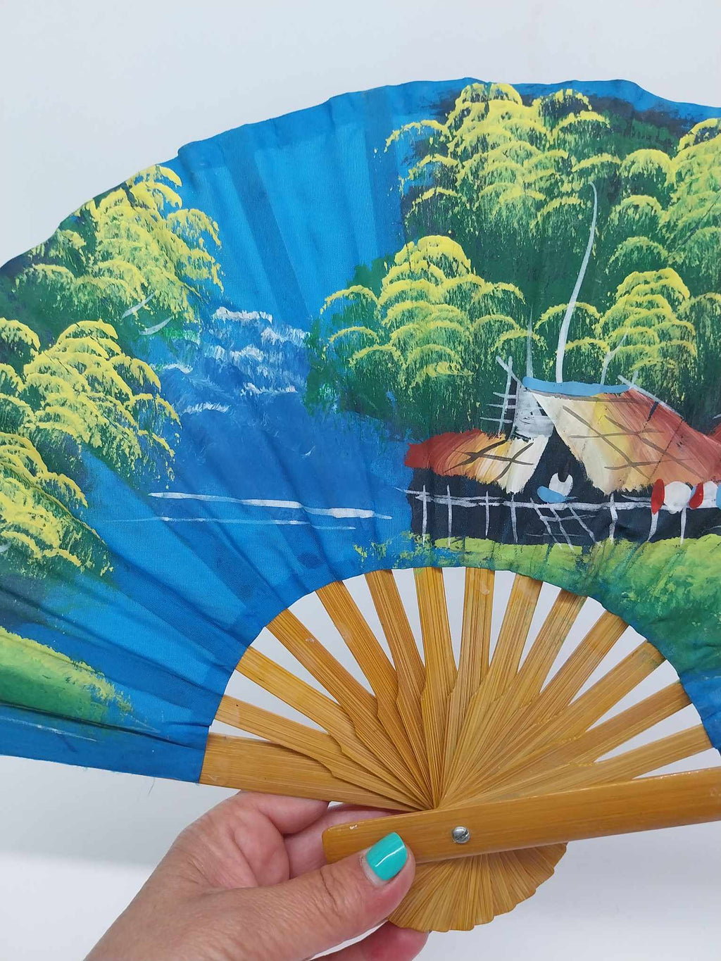 Vintage hand painted Asian fan, Bamboo hand fan