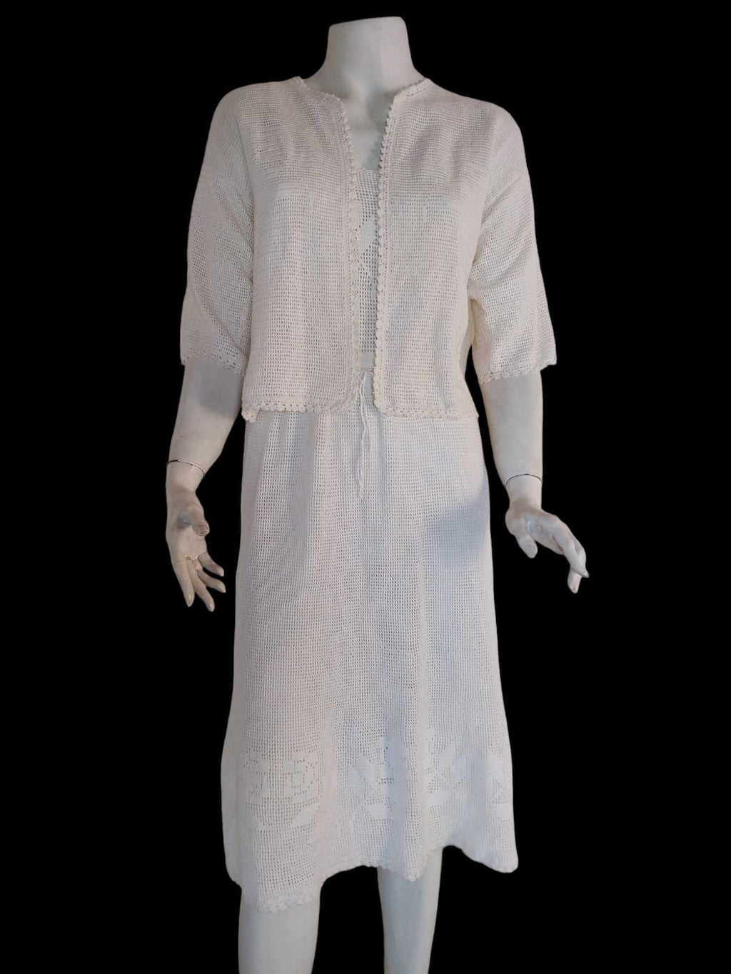 Vintage Hand-Crocheted Dress & Cardigan Set – Cream White Open Weave