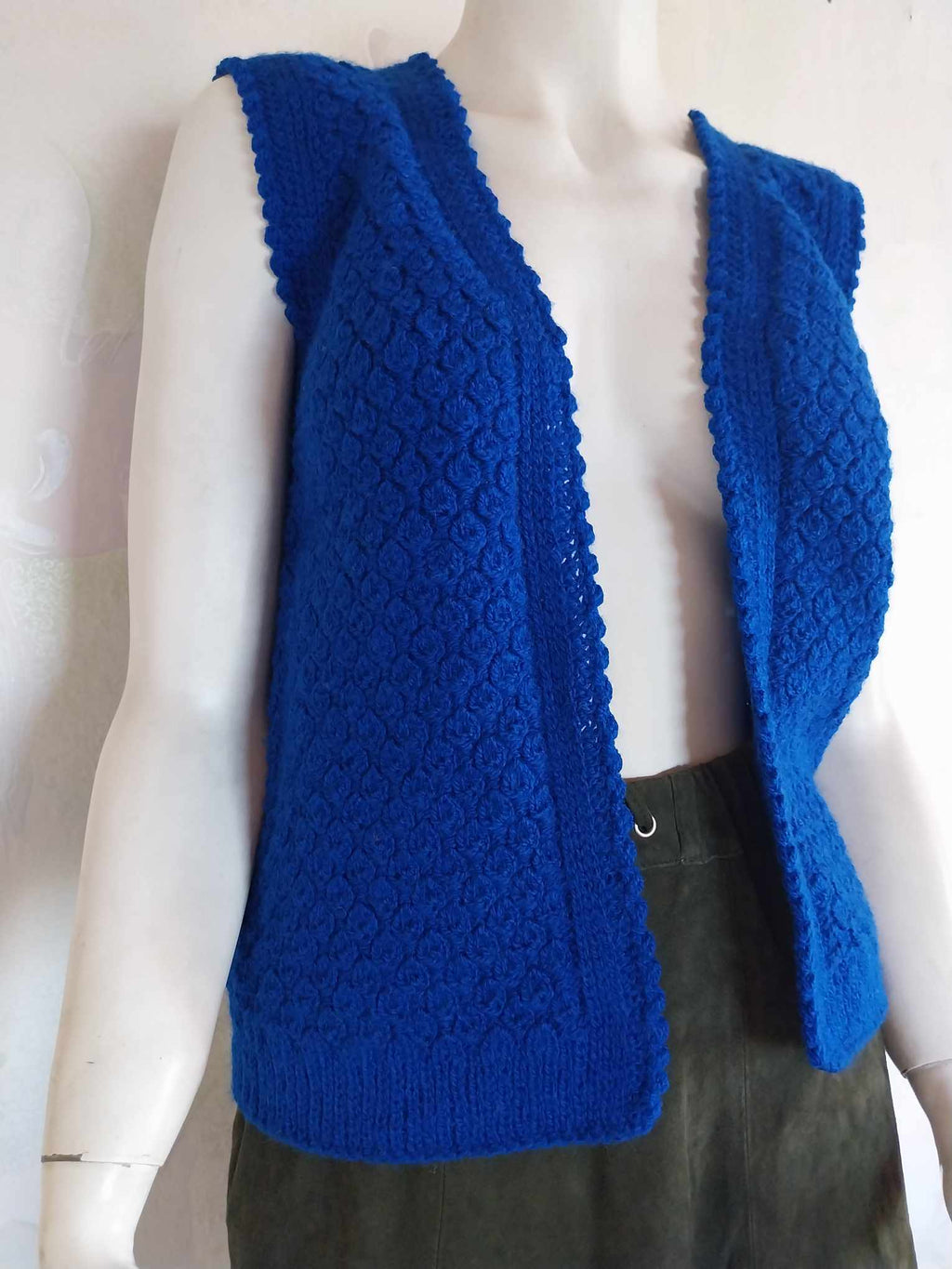 Vintage Hand-Knitted Wool Vest – Cobalt Blue Open Front